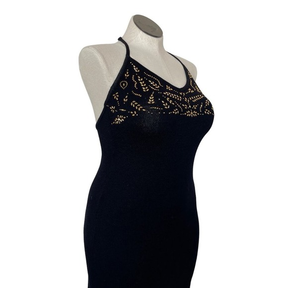 St John Evening Marie Gray Dress Maxi Santana Knit Sleeveless Gold Size 6 - Picture 7 of 16